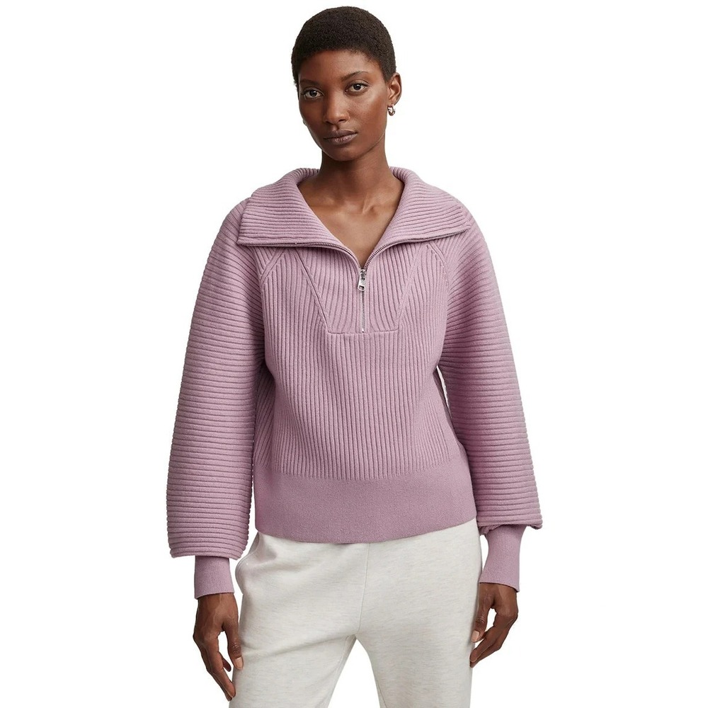 Varley Reid Half-Zip Knit Pullover Sweater XL Lilac Purple Ribbed Knit Stretch